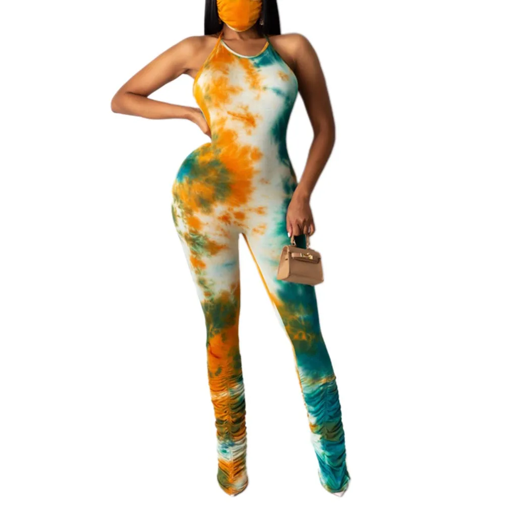 

New Arrival Women Jumpsuit Tie Dye Print Bodycon Streetwear Halter Sleeveless Backless Ruched Long Romper Sexy Jumpsuit