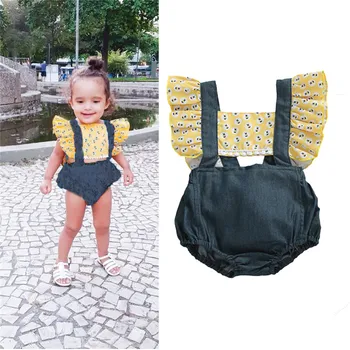 

Newborn Infant Baby Girl Fly Sleeve Bee Printing Bodysuit Ruffle Jumpsuit Outfits Summer Casual Clothes