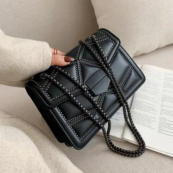 

Bags Women Autumn Winter New Fashion Rivet Solid Color Small Square Bag Korean Version Of The Wild Chain Shoulder Messenger Bag