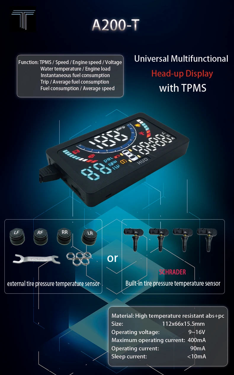 Универсальный Hud автомобильный проектор скорости Obd2 вождения компьютера Встроенный датчик Tpms A200 экран лобового стекла