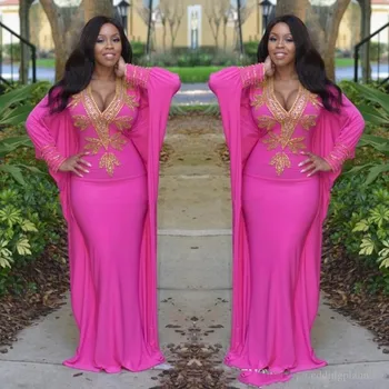

Hot Pink Arabic Dubai Moroccan Kaftan Turkish Prom Dresses with Long Sleeves Deep Embroidery Evening Gowns Gold Beads Prom Party