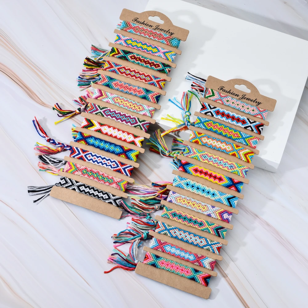 12pcs/lot Ethnic Colorful Braided Bracelets Bangles Handmade Adjustable Weave Rope Wide