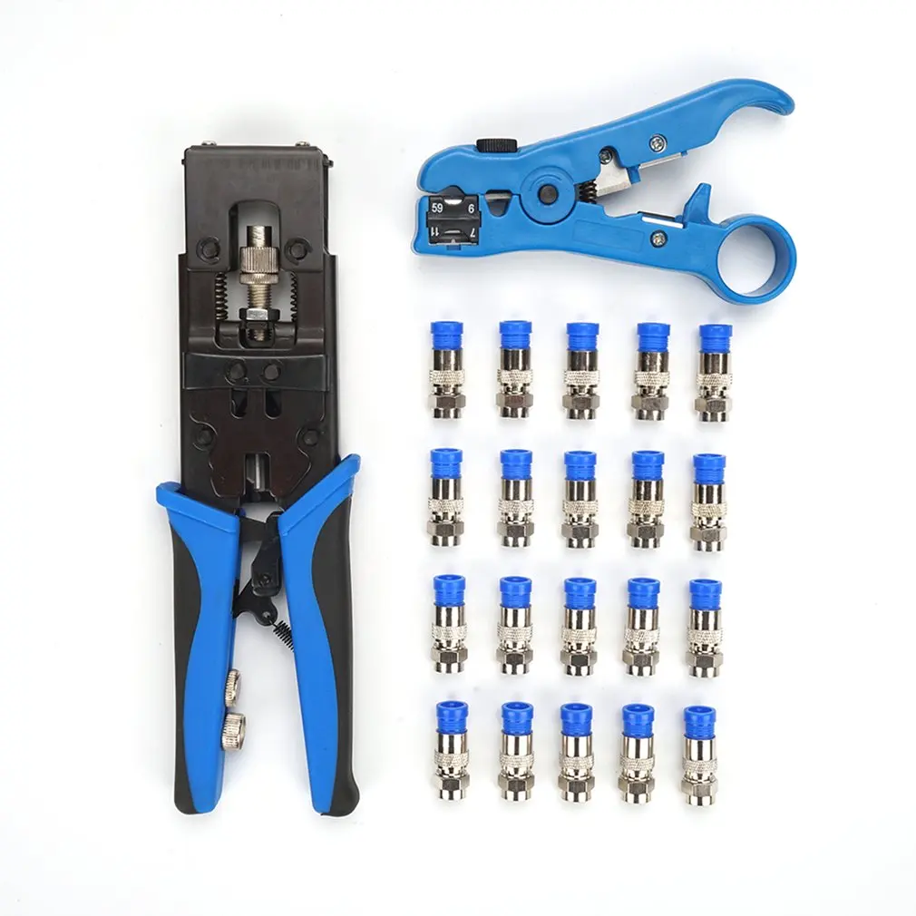 Blue Cable Crimping Cutter 22 Piece Set Cable Crimper Extrusion Tools F- Head Waterproof for Indoor/Outdoor Connection Crimping Tool for Coaxial Cable Wire Stripper Set 