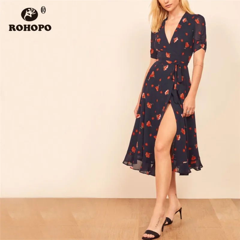 

ROHOPO Double Layers Red Daisy Wrap Deep Blue Midi Dress Puff Short Sleeve Tie Belted V Collar Elegant Ladies Robe #236