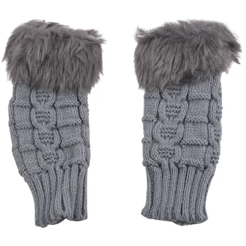 

Women Faux Rabbit Fur Hand Wrist Winter Warmer Knitted Fingerless Gloves Gift-Grey