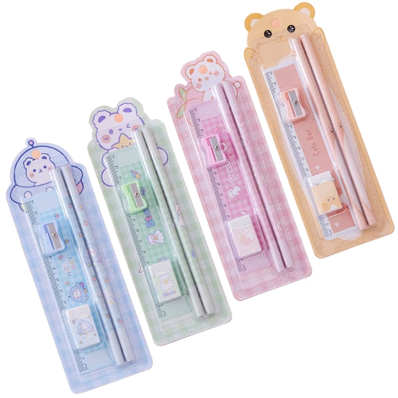 

2024 New Set of 5Pcs Durable Drawing Writing Pencils Eraser Pencil Sharpener Ruler Set Party Favors Supplies for Home School
