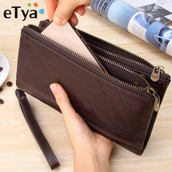

eTya Brand Men Organizer Wallets Genuine Leather Double Zipper Clutch Bag Male Cow Leather Long Purse Multi-function Phone Bag