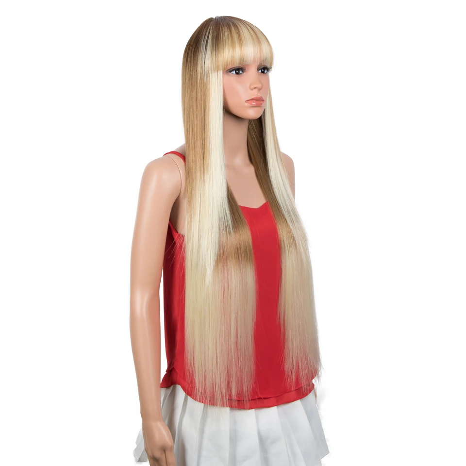 FASHION IDOL Synthetic Wig With Bangs 36 Inch Long Straight Wig Cosplay Ombre Blond Wigs For Black Women Heat Resistant Fiber