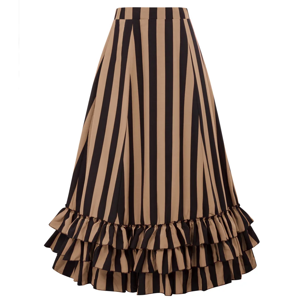 Belle Poque Женская винтажная юбка в готическом стиле, Ретро стиль, эластичная талия, регулируемая длина, женская модная юбка с высокой талией - Цвет: Khaki Black