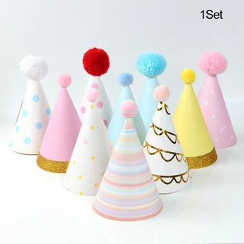 

12pcs/set Happy Birthday Party Hats Bronzing Flash Gold Big Hair Ball Kids Cute Birthday Party Hat Fur Ball Cap Set Home dc
