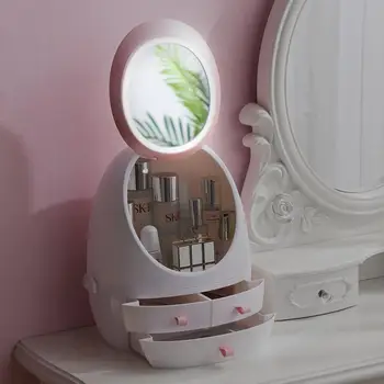 

Popular make-up box with LED light make-up mirror dormitory household table dust-proof storage skin care products jewelry shelf