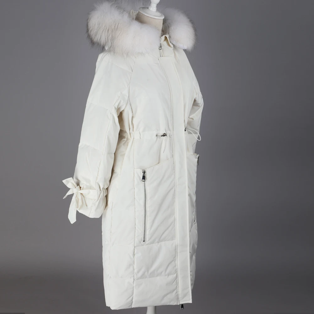 Maomookong2019 зимнее пальто из натурального меха енота большой воротник белый утиный пух женский пуховик парка пальто, кожаная куртка