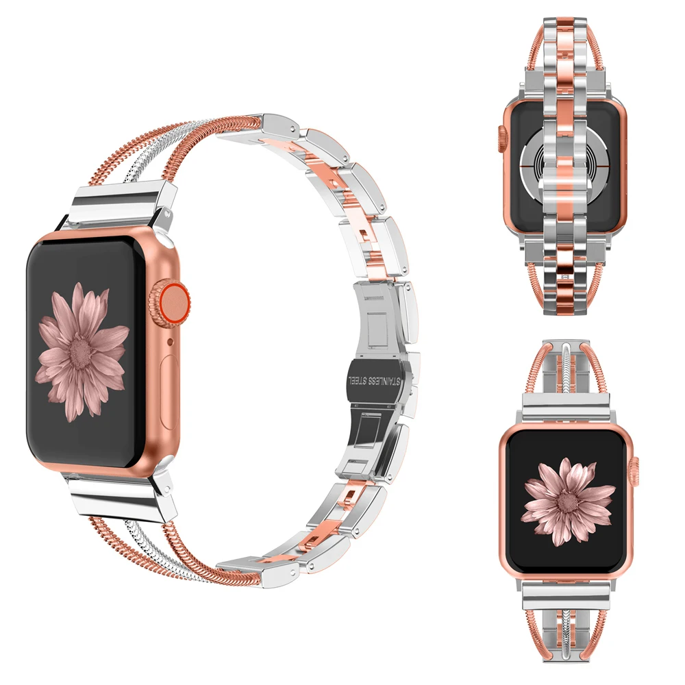 Для Apple Watch Band три линии манжеты для женщин из нержавеющей стали удаление звеньев ремешок с ювелирной пряжкой для iwatch серии 5 4 3 2 1