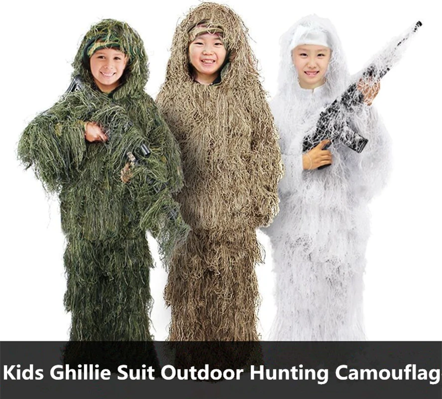 

Kids Ghillie Suit Outdoor Hunting Camouflage Jungle Grass Hidden Clothes Children CS Training Suit Sniper Birdwatch Airsoft Set