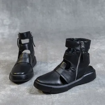 

Platform 100% Real Leather Sandals Women Spring Summer Hollow Out Ankle Boots Zipper Casual Wedges High-Top Sandals Plus Size 42