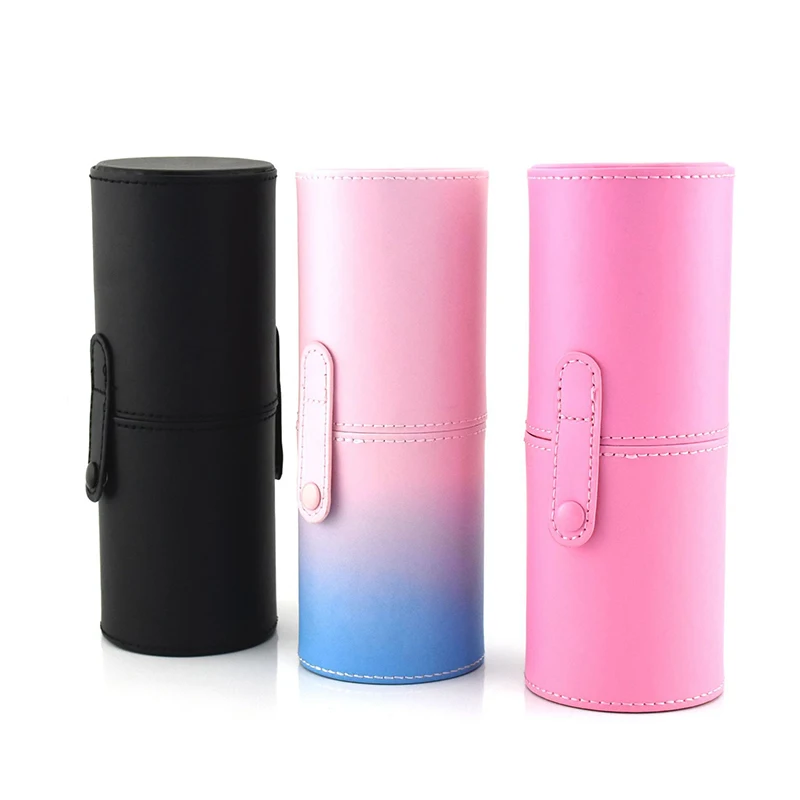 

Quality Makeup Brush Holder PU Leather Cosmetic Cup Case up and down with lid Pen holder buckle portable Three Colors for Choice
