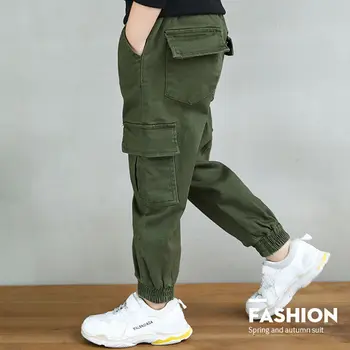

Spring Autumn Teenage Boys Army green Cargo Pants Kids Casual all-match Solid Trousers 5-12Years