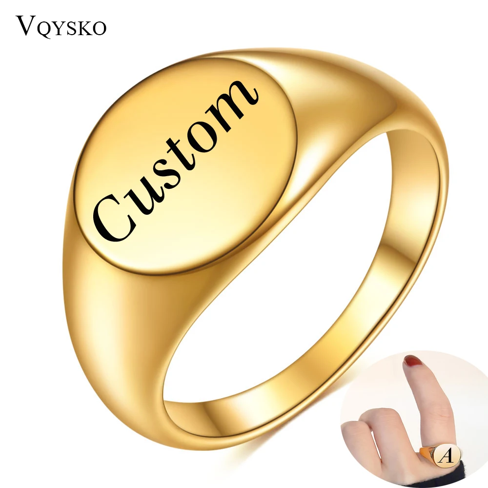 Customized Women Signet Ring Chunky Round Name Logo Stamp Stainless Steel Punk Candid Fashion Jewelry Female Wedding Accessories