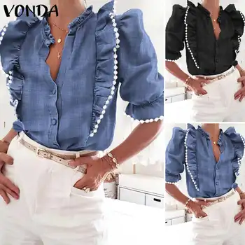 

VONDA 2020 Women Blouse Sexy V Neck Long Sleeve Sweet Ruffled Tops Female Casual Fashion Blue Shirt Stylish Tops Bohemian Blusas