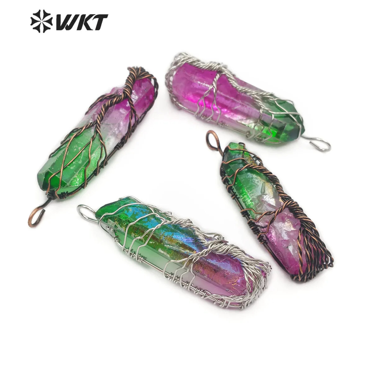 WT-P1469 Natural Stone Pendant Aura quar tz Spirit Point Mix Color Tree of Life Wire Wrap Pendant  Woman Fashion Jewelry