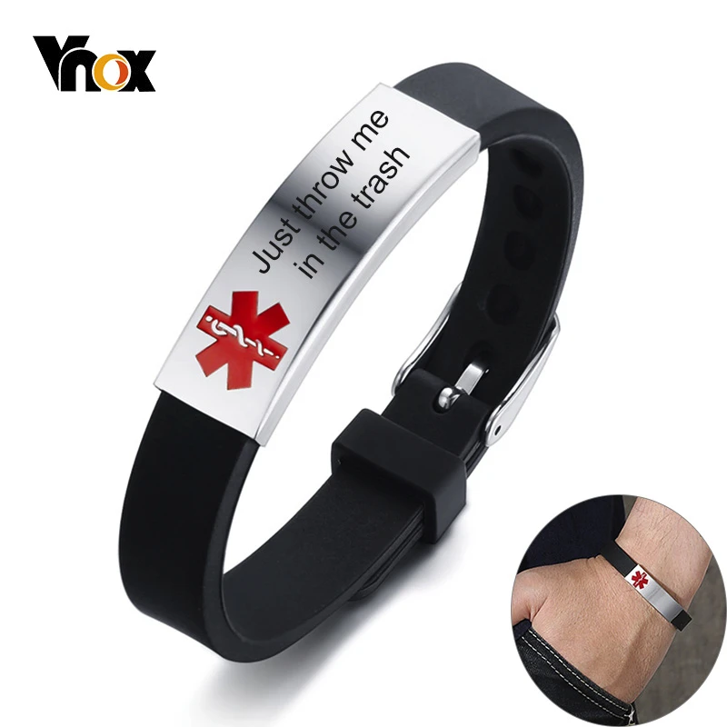 

Vnox Just throw me in the trash Medical Alert ID Bracelets for Men Women Stainless Steel Tag Adjustable Silicone Rudder Band