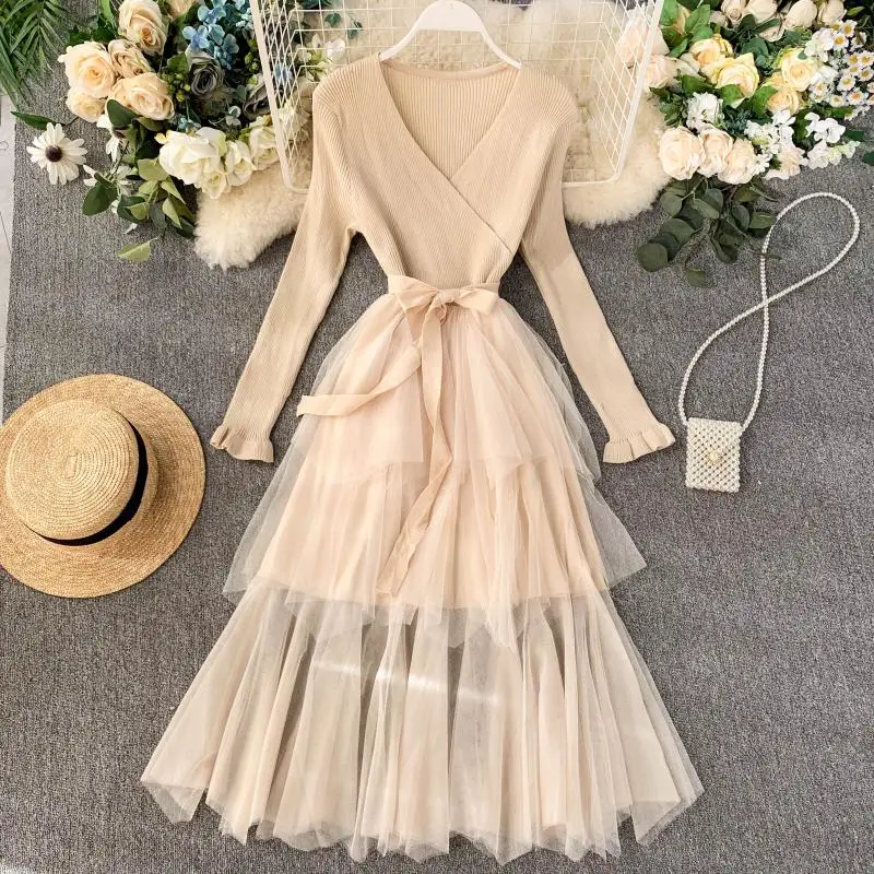 

Romantic Autumn Winter Midi Ladies Dresses Irregualr Lace Patchwork Women Knitted Dress Bandage V Neck Pink Party Dress