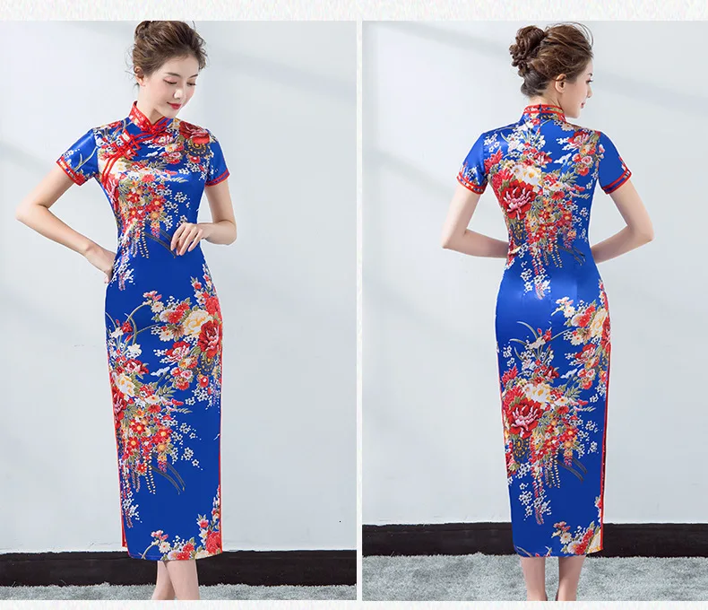 Sheng Coco леди синий шелк Cheongsam платья элегантный Шанхай Китай стильный с разрезом длинные Chipao XXXL