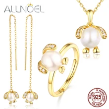 ALLNOEL, Серебро S925 пробы, натуральный жемчуг, смешанный дизайн, циркониевое кольцо, ожерелье, серьги, ювелирные наборы для женщин, новинка