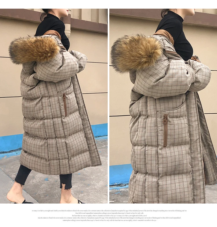 Клетчатый рукав реглан, карман, прямой крой, длинный рукав, зима, на молнии, с капюшоном, nv zhuang dai, меховой воротник, длинный