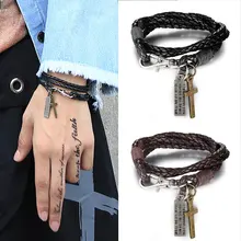 Мужской кожаный плетеный браслет в стиле ретро, черный, 3 круга, крест, очаровательный браслет, рок, мужской браслет, модный мужской браслет, ювелирное изделие