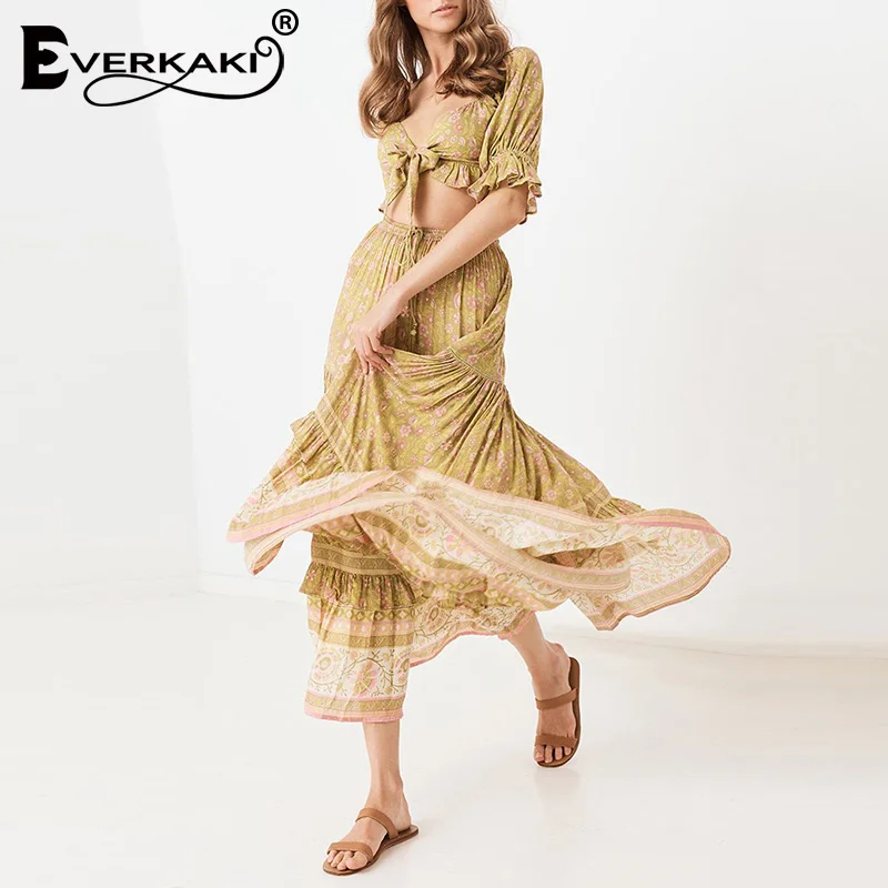 Everkaki Boho Цветочная длинная юбка с принтом женские кисточки пояса эластичная талия цыганские летние женские длинные юбки женские Осень Новые