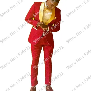 

New Arrival Groomsmen Shawl Gold Lapel Groom Tuxedos Red Pattern Men Suits Wedding/Prom Best Man( Jacket + Pants + Tie ) Z105
