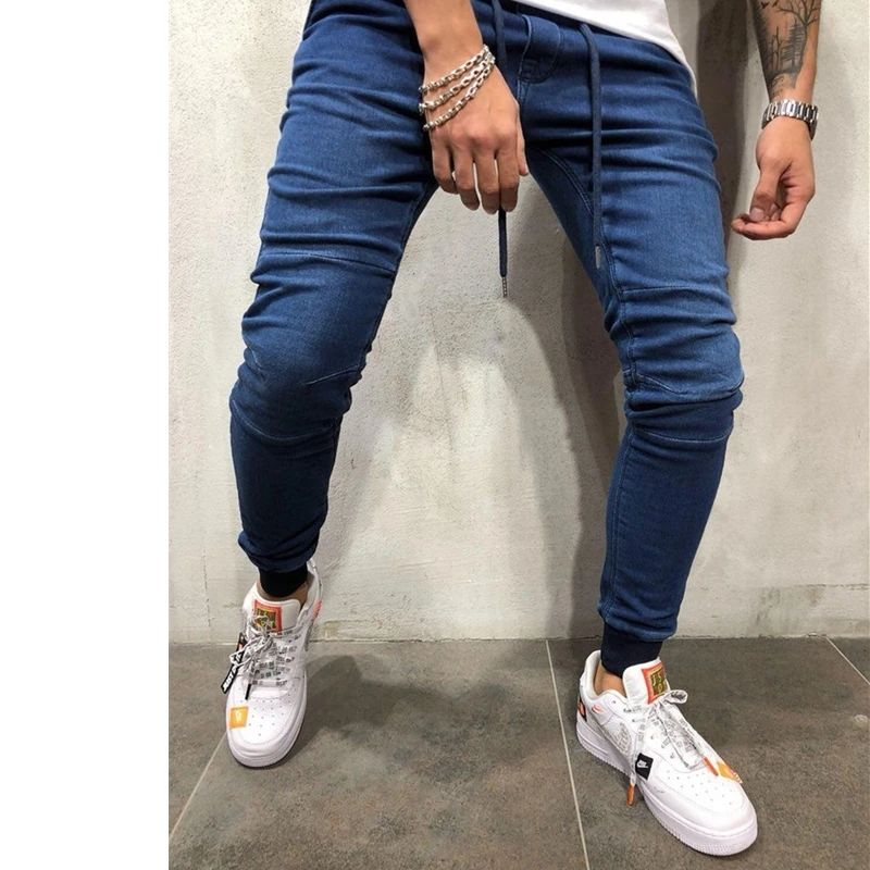 Мужские классические обтягивающие джинсы, облегающие рваные джинсы для больших и высоких, эластичные синие джинсы для мужчин, потертые M-4X с эластичной резинкой на талии