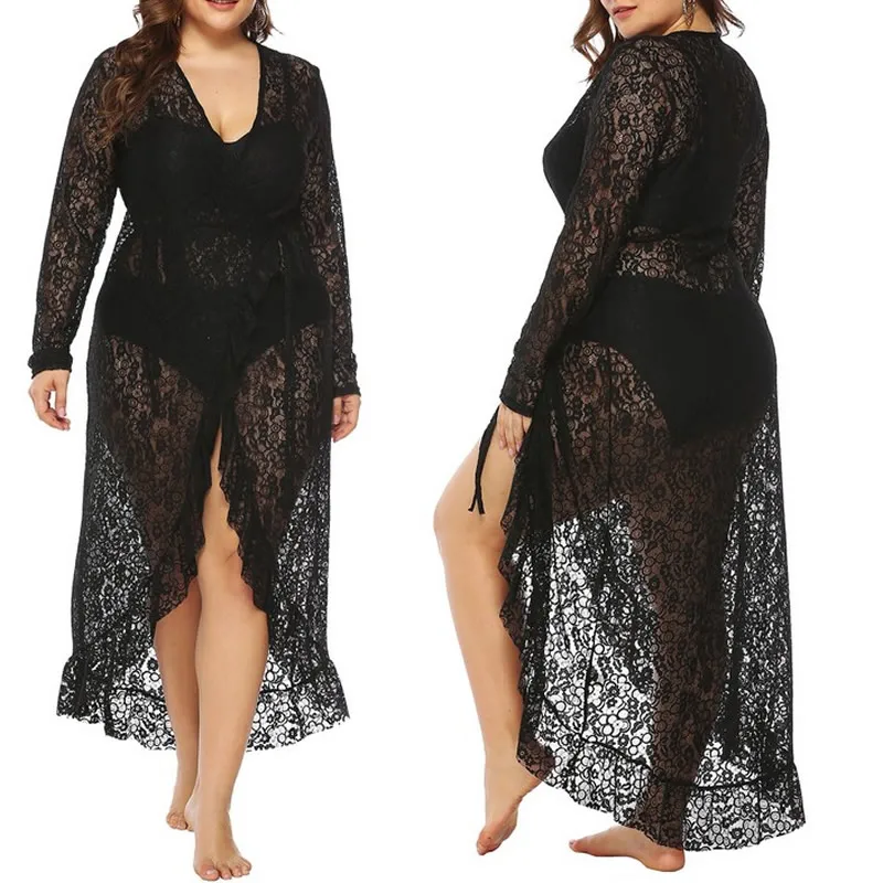 Summer Sunscreen Blouse Beach Cover Up Plus Size Sexy V Neck Lace See Through Irregular Hem Holiday Dresses | Женская одежда