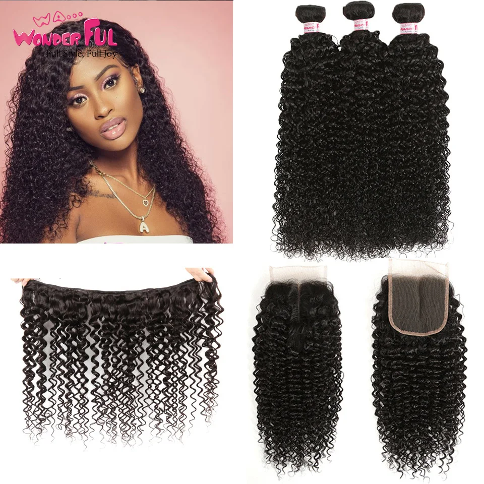 

Pre-Colored Human Hair 3 Bundles With Closure Non Remy Brazilian kinky Curly Bundles With Closure 1B# Hair Extension