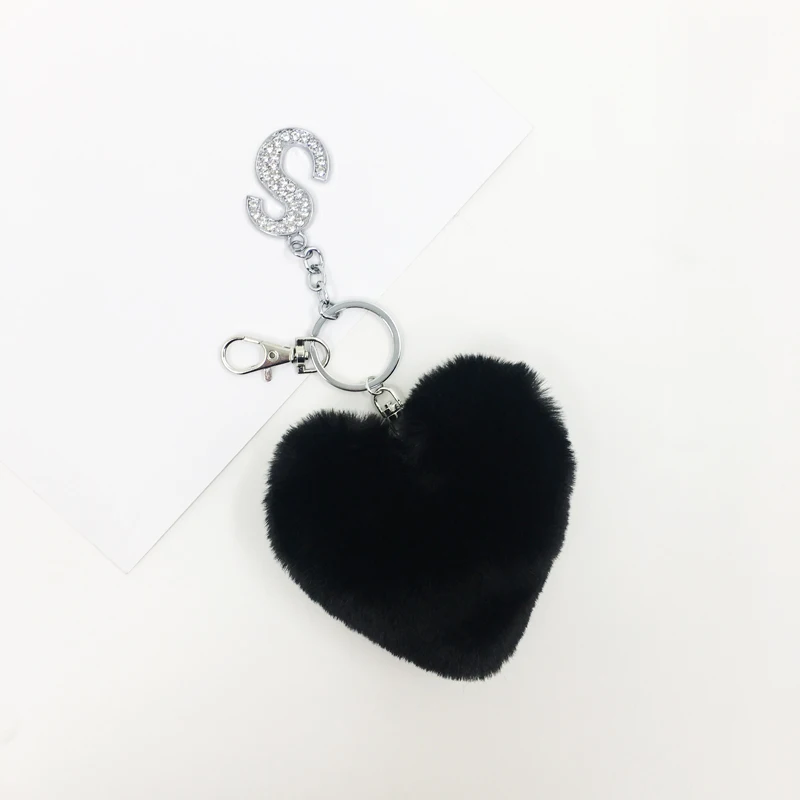 Пушистый цветной помпон искусственный мех кролика сердце брелки буквы с кристаллами брелок для ключей трендовые ювелирные изделия сумка аксессуары Подарки