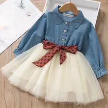 Robe Patchwork en Denim pour filles, robe de princesse, col rabattu, simple boutonnage, ceinture à pois amovible, printemps automne
