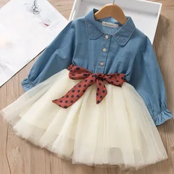 Denim retalhos vestido para meninas primavera outono sólido turn down colarinho único breasted removível polka dot cinto vestido de princesa