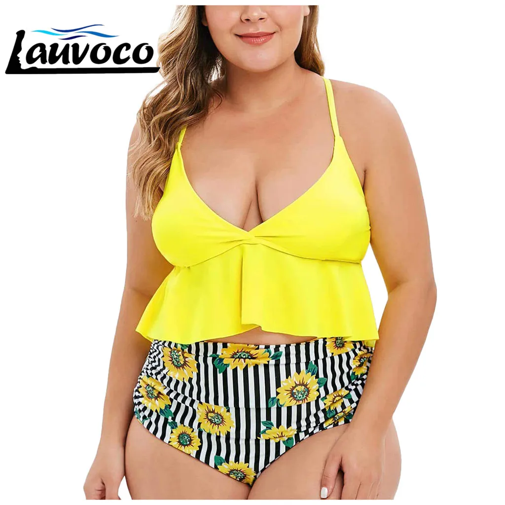 

Deep V Sunflower Print Women Two Pieces Simwear Plus Size Ruffled High Waisted Bathing Suit Bottom Bikini Swimsuit Tankini 3XL