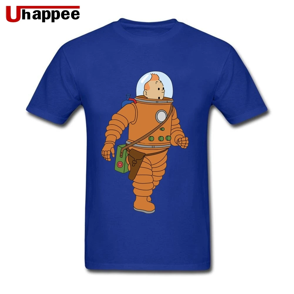 Пользовательские футболки с принтом астронавт Тинтин молодой человек короткий рукав круглый вырез Футболка из чистого хлопка для мужчин повседневная фасиоан - Цвет: Синий