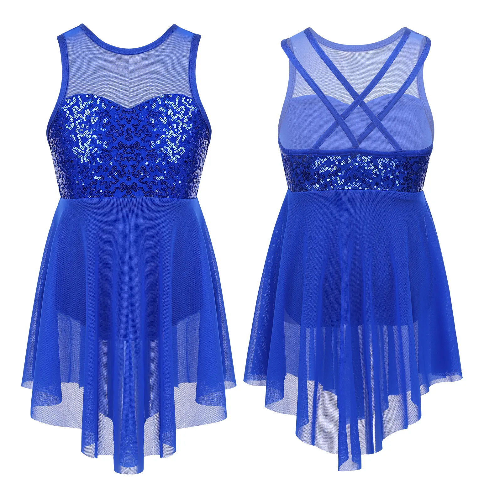 thumbnail image 1 of Vestido de competición de baile de ballet y patinaje artístico para niñas pequeñas, sin mangas, con lentejuelas brillantes y dobladillo irregular, con espalda hueca, 1 of 5