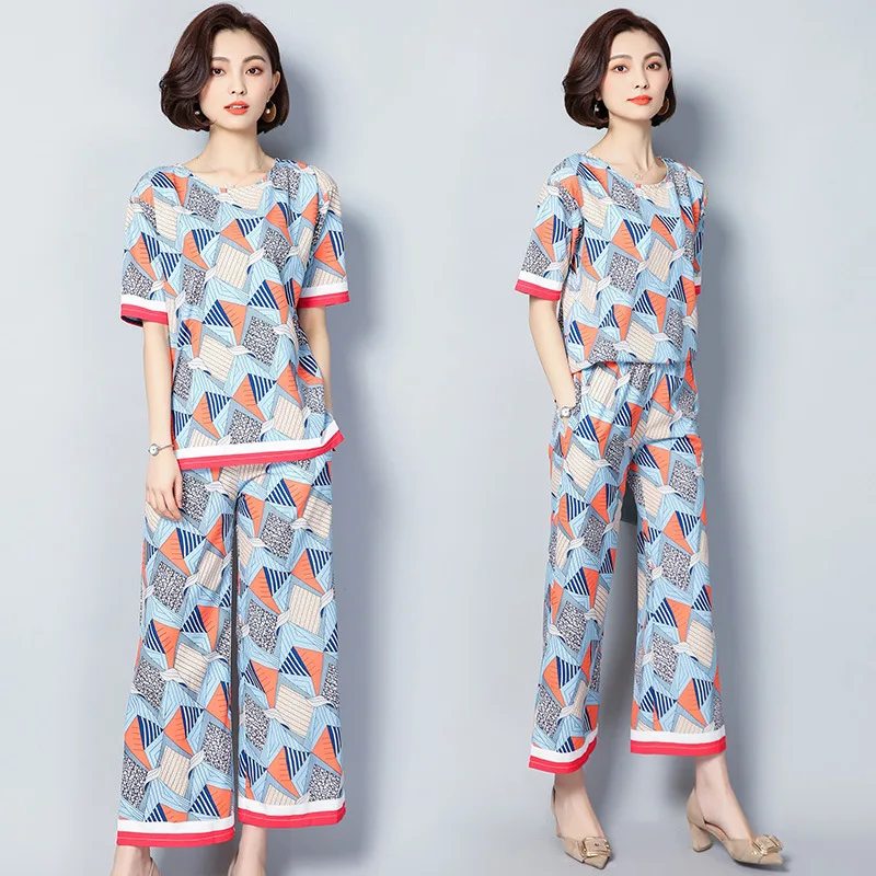 

2018 Summer Wear Fashion Large Size Dress Western Style Loose Pants Set WOMEN'S Short Sleeved Crew Neck Loose-Fit Two-Piece Set