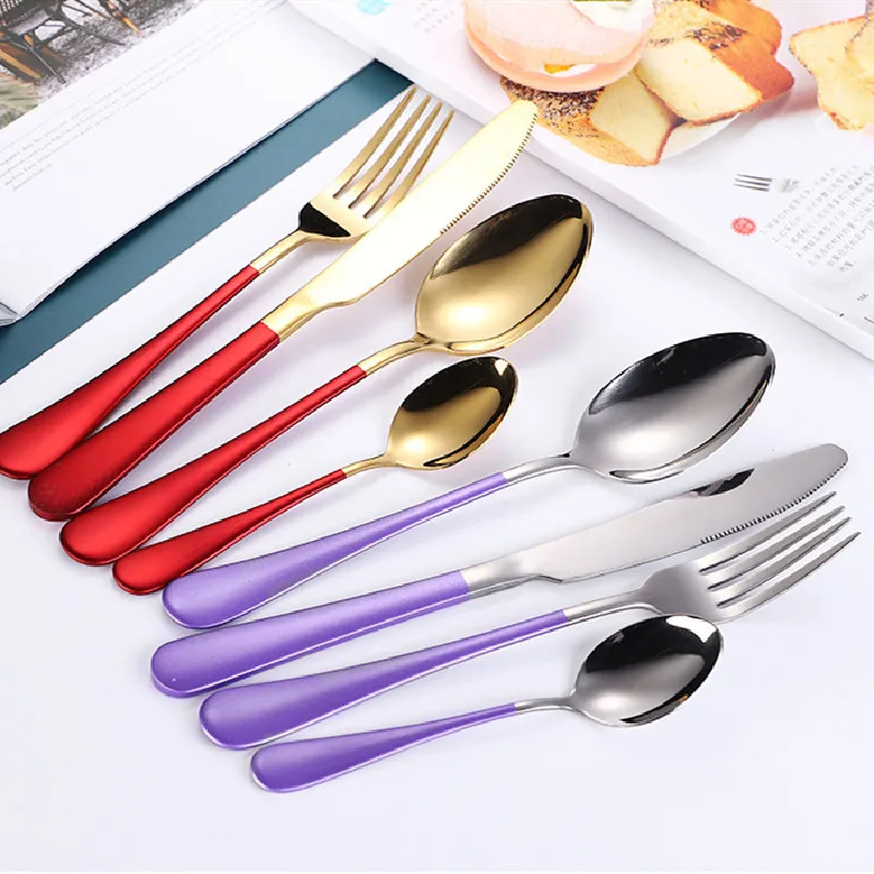 

Multi-Colors Rainbow Cutlery Set Dinnerware Set Black Cutlery Kit Fork Knife Stainless Steel Silverware Home Tableware Set 