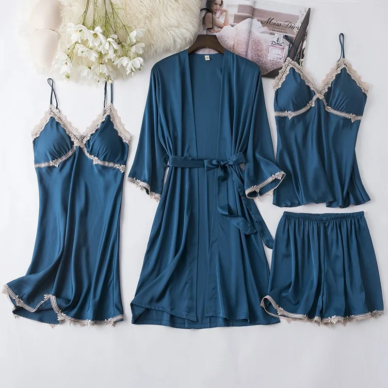 

Женская одежда для сна, костюм, халат, комплект, летнее сексуальное повседневное мягкое кимоно из искусственного шелка, банная рубашка, ночн...