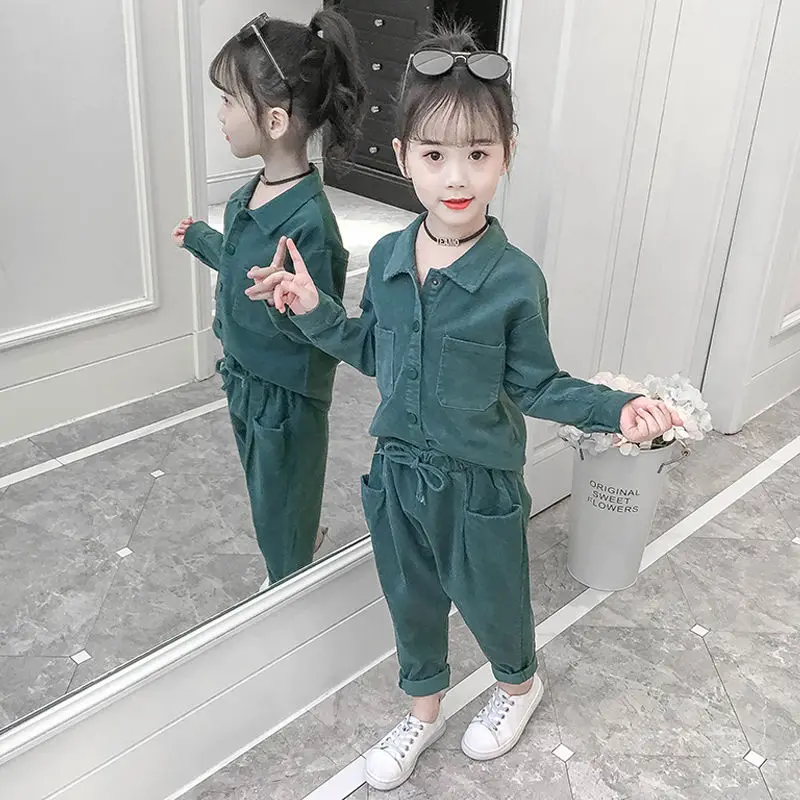 Новые осенние комплекты одежды для девочек детский топ с длинными рукавами+ штаны Повседневная одежда для малышей из 2 предметов Детский костюм комплекты одежды для девочек - Цвет: Зеленый