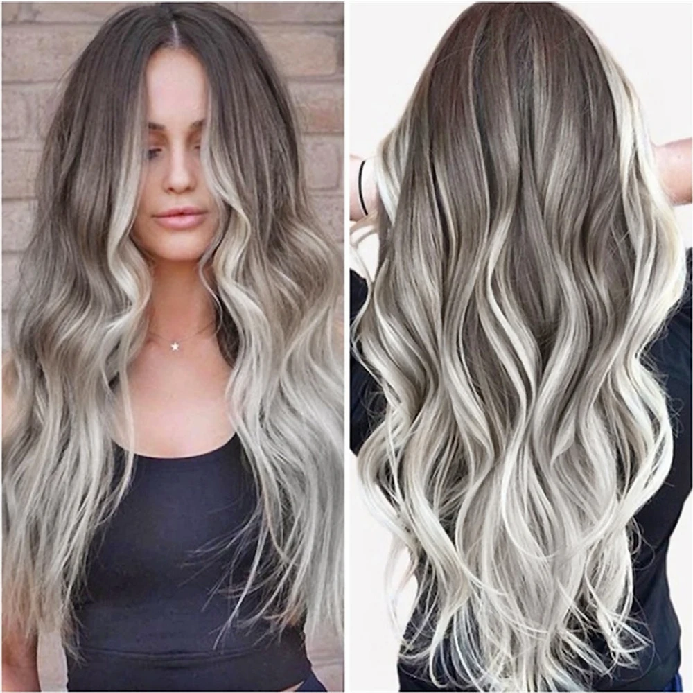 Fashion wigs for women Middle Part Ombre blonde brown red Silver Gray Long  Wavy Wigs Synthetic Hair Wig Cosplay Wigs For Women|Synthetic None-Lace  Wigs| - AliExpress