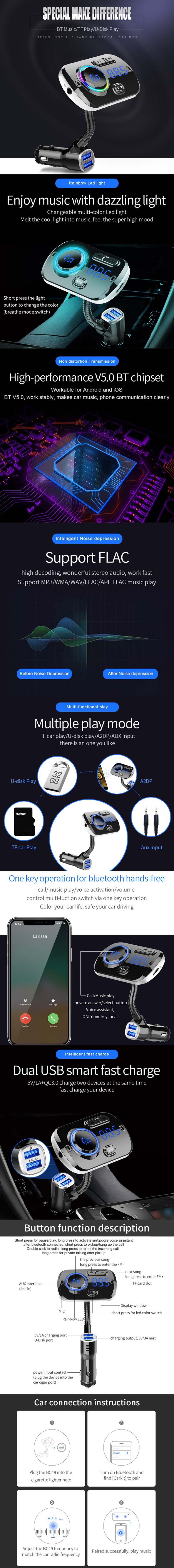 Беспроводной Bluetooth автомобильный комплект QC3.0 Быстрая зарядка атмосферный светильник контроллер Bluetooth автомобильный динамик автомобильный Bluetooth комплект