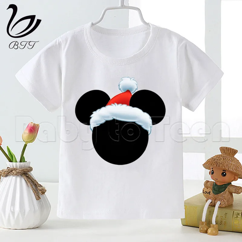 Kids Cartoon Merry Christmas Mouse Mickey Head Print Funny T-shirt Kids Summer Tops Children Cute Princess Tshirt Baby Clothes