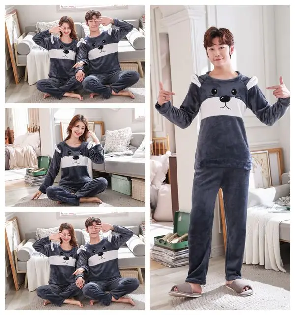 Новинка; Пижама для взрослых и пар; женская зимняя бархатная одежда для сна; теплая Фланелевая пижама с рисунком животных; милая домашняя одежда