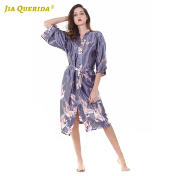 

New Printing Kimono Yukata Night Robe Fashion Style Casual Style Home Robe Spring Autumn Night Robe Satin Silk Woman Clothes